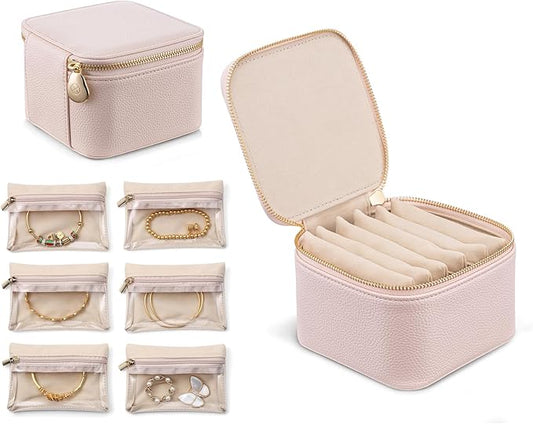 Vlando Travel Jewelry Box Organizer - 6 Small Velvet Zipped Pouches Pockets for Jewelries Necklaces Rings Earrings Sorting Storage, Rosy Mauve