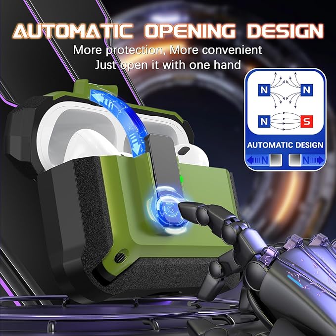 R-fun for AirPods Pro 3 Case (2025) Cover with Cleaning Kit, Military-Grade Heavy-Duty Drop-Resistant with Auto Pop-Up Lid for AirPods Pro 3rd Generation 2025 USB-C Charging Case, Army Green