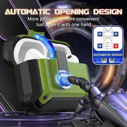 R-fun for AirPods Pro 3 Case (2025) Cover with Cleaning Kit, Military-Grade Heavy-Duty Drop-Resistant with Auto Pop-Up Lid for AirPods Pro 3rd Generation 2025 USB-C Charging Case, Army Green