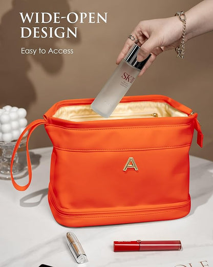 Initial Makeup Bag, Daughter Gifts, Personalized Double Layer Cosmetic Bag with Makeup Brush Organizer, Waterproof, Large Capacity PU Leather Travel Toiletry Bag Cute Things for Girls