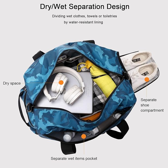 Boys Overnight Duffel Bags Sport Gym Bag Gymnastics Bag with Shoe Compartment, Carry-on Size Weekender Sleepovers Travel Duffel Bag for Boys (Blue Camo)