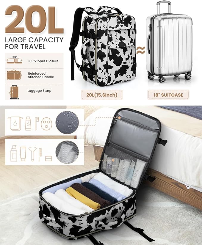 Travel Backpack for Women Man, Waterproof Personal Item Travel Bag Airline Approved Laptop Backpack Bookbag Weekender bags for Business,Travel, Work Fits 15.6 inch Laptop(Medium,Cowprint)