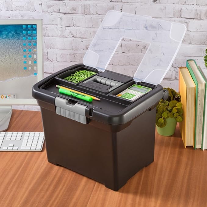 Sterilite Portable File Box, Stackable Storage Bin with Latching Lid and Handle, Plastic Container to Organize Papers in Home, Office, Black, 4-Pack