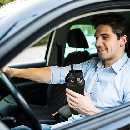 HYDROWION 40 oz Insulated Water Bottle with Straw fit in Car Cup Holder(Cold 48 hrs, Hot 24 hrs) Drinking Bottle with Straw Lid, Spout Lid and Flex Cap Leakproof Travel Thermo Mug，Black