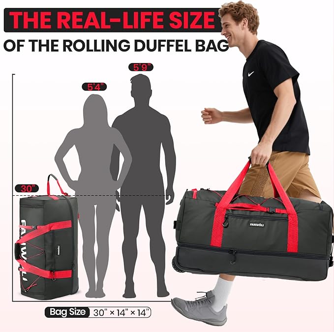 Fanwoli 30'' Large Rolling Duffle Bag with 2 Wheels - No-Sag Design for Heavy Loads, Expandable 100L-120L Duffel Wheeled Luggage with Soft Handle & Lock, Waterproof Foldable for Travel, Camping,Moving