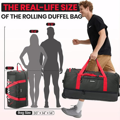 Fanwoli 30'' Large Rolling Duffle Bag with 2 Wheels - No-Sag Design for Heavy Loads, Expandable 100L-120L Duffel Wheeled Luggage with Soft Handle & Lock, Waterproof Foldable for Travel, Camping,Moving