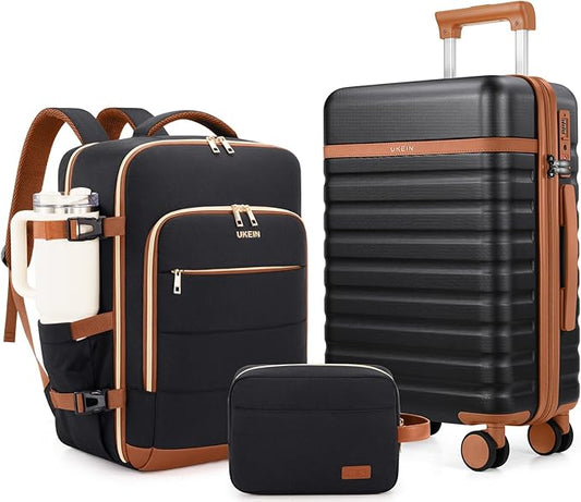 Luggage Sets 3 Piece, Carry On Luggage 20In With Spinner Wheels,PC Hardside Suitcase Set with TSA Lock,Durable Carry On Suitcase With Travel Backpack for Men (Black Brown, 3 piece set (BP/20inch))