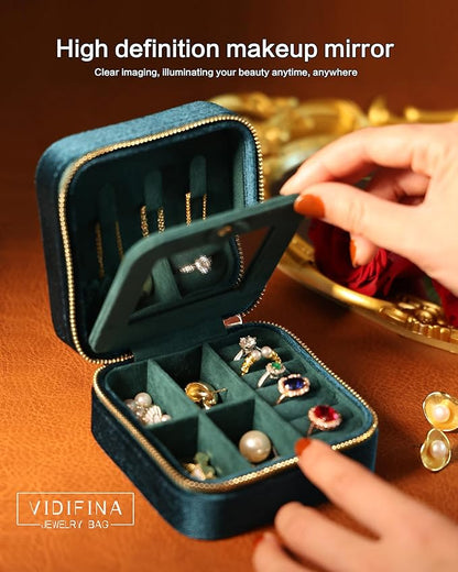 Velvet Jewelry Box – Travel Jewelry Case Organizer with Mirror, Adjustable Compartments for Women | Luxury Storage Case & Gift for Her - MossGreen
