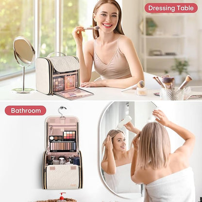Hanging Toiletry Bag & Makeup Bag for Women with Jewelry Organizer - TSA Approved Large Capacity Travel Cosmetic Organizer, Waterproof Shower Essentials Case with Transparent Pockets, Beige