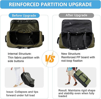Vomgomfom Wheeled Collapsible Duffel Bag,110L-140L Expandable Checked Luggage, No-Telescopic-Handle with Anti-Burst Zipper & Reinforced Frame,Army Green