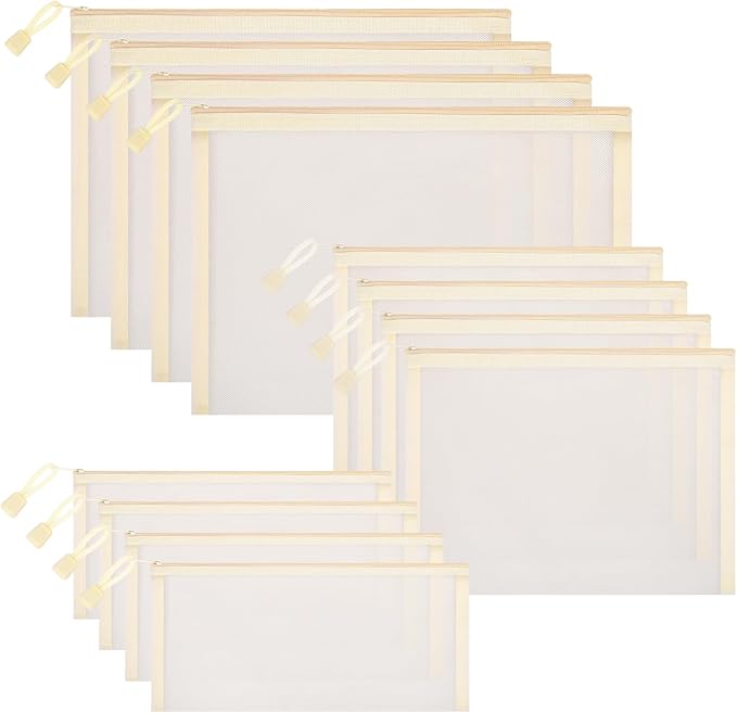 12 Pieces Zipper Nylon Mesh Pouch, Mesh Cosmetic Bags Makeup Bags Pencil Case, Multipurpose Travel Bags for Cosmetic School Office Supplies and Travel Accessories (Beige, Assorted Sizes)