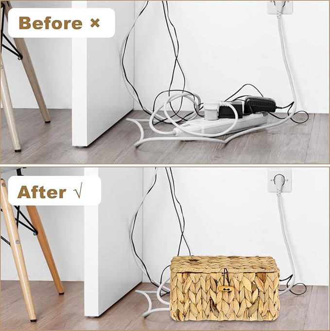 BTSKY Woven Cable Management Box with Lid, Water Hyacinth Cord Organizer for Desk, Cable Organizer Box with 2-Open Slots to Hide Power Strips USB Hubs for Home & Office, Pet Proofing Cord Basket, S