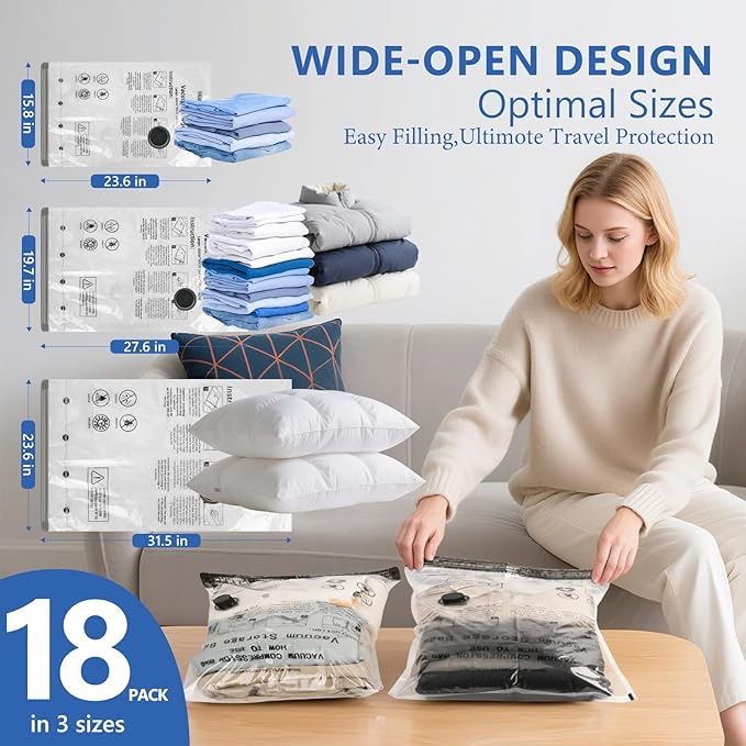 NESCCI Travel Vacuum Bags for Clothing with Rechargeable Wireless Air Pump,18 Pack Compression Seal Packing Bags for Luggage Suitcase,Carry-on Size Space Saver Vacuum Storage Bags