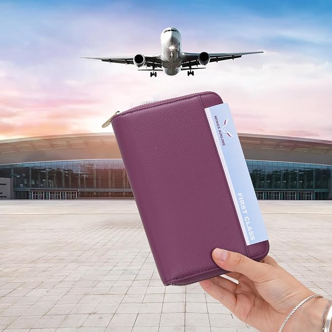 WASON Leather Zipper Travel Passport Wallet Holder RFID Blocking Cover, Passport case Pocket Slot for Card, Cash, ID, Boarding Pass and Ticket for Men, Women and Family Trips (Purple)