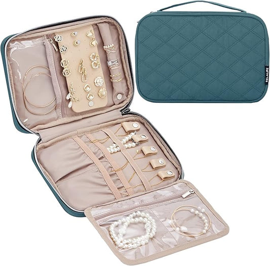 BELALIFE Travel Jewelry Organizer, Portable Jewelry Storage Case for Earrings, Rings, Necklaces, Bracelets, Lake-Blue