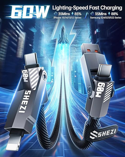 SHEZI Nylon Braided 4 in 1 USB C Cable 60W 5FT Compatible with Lightning Cable, Fast Charging for iPhone/iPad Charger Cord [480Mbps Data Sync],Multi Charging Cable with Type C/USB A, Grey