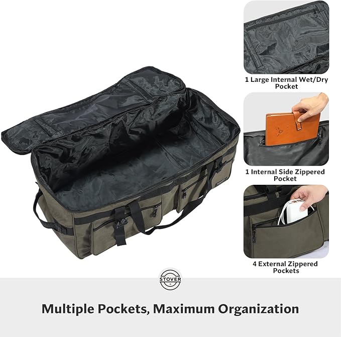 STOVER 100L U-Zip Rolling Duffel Bag with Wheels, X-Large Durable Travel Duffle + Toiletry Bag, Heavy Duty, Lay-Flat Opening, Packable w/Shoulder Straps- Use as Luggage or Backpack, Men/Women (Green)