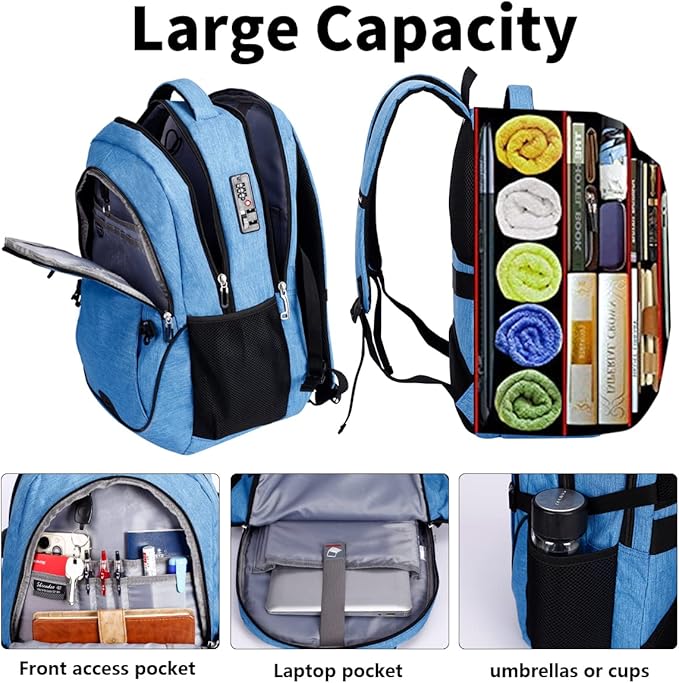 SHRRADOO Anti Theft Laptop Backpack Travel Backpacks with usb Charging Port for Women Men High School College Backpack Computer Bag Fits 17 Inch Laptop,Sky Blue