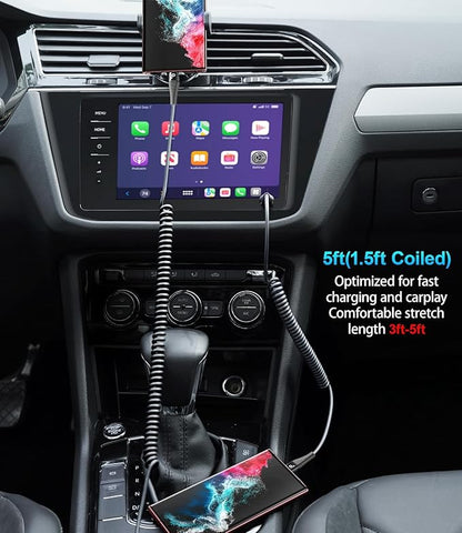 Coiled USB C to C Cable for Car 5FT, USB Type C Charger Cable Short USBC Fast Charging Cable for iPhone 17/16/15/Pro/Plus/Pro Max/Samsung Galaxy S23, Compatible All Type C Devices-Black 2Pack