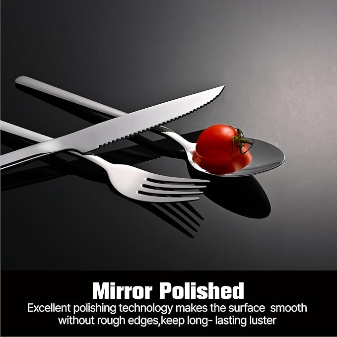 KINGSTONE 24-Piece Silverware Set with Steak Knives, Flatware Set for 4, Stainless Steel Tableware Cutlery Set for Home Restaurant, Mirror Finish,Modern Design