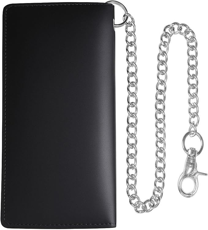 CLASSIC Motorcycle Chain Wallet for Men – Premium Cowhide Leather, RFID Bi-Fold Biker Wallet with Heavy Duty Chain for Bikers Truckers & Hunters, Credit Card Money Organizer Long Wallet Aniline Black