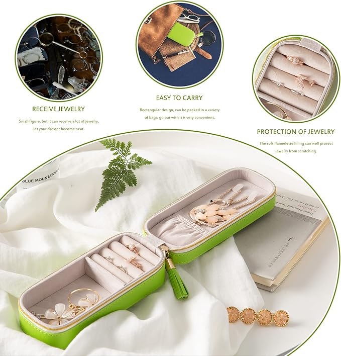 BONNY DODO Small Travel Jewelry Organizers Box for women with PU Leather Portable Mini Jewelry Case with compartments for Necklace Rings Earrings,Luxury Giftable boxes. (Grass green, S)