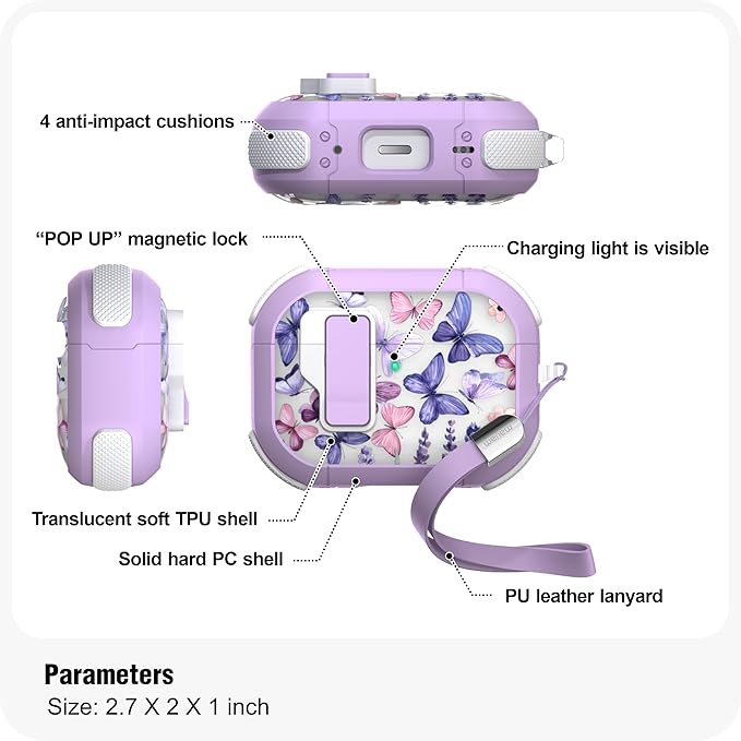 WENEW Case for AirPods Pro & Pro 2 Case Cover Secure Lock Automatic Snap Switch Clip Cleaner Kit Lanyard Women Stylish Hard Shell Full Body Front LED Visible (Purple Butterfly, AirPods Pro & Pro 2)