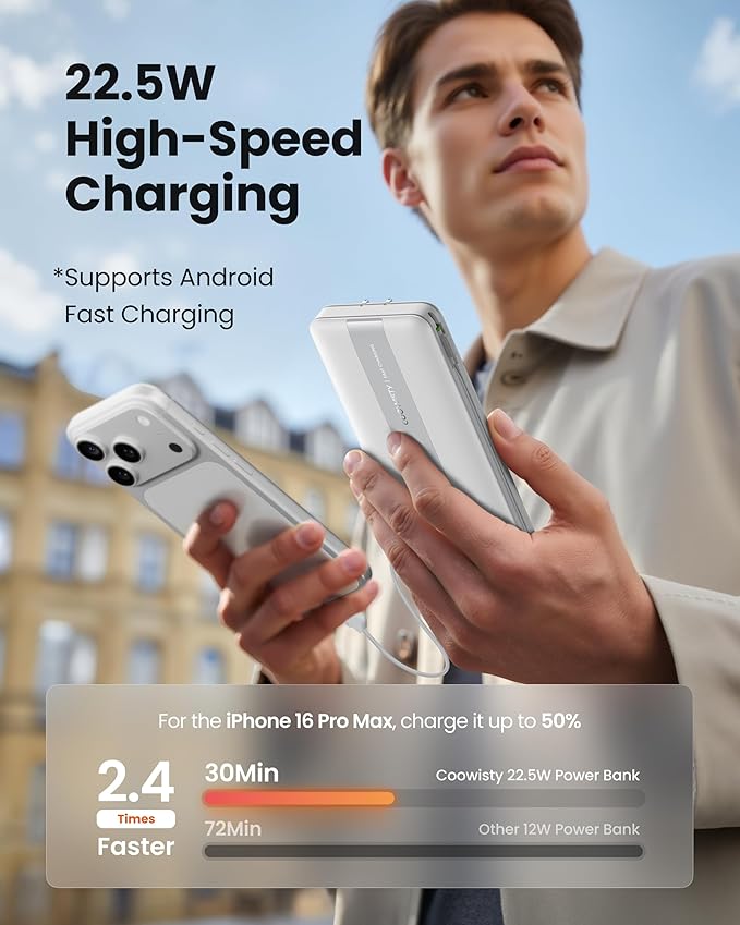 Fast Charging Power Bank, USB C Portable Charger Built in Cables and Wall Plug, 10500mAh 22.5W 4 Outputs 3 Inputs LED Display External Battery Pack Compatible with iPhone/Android (White)