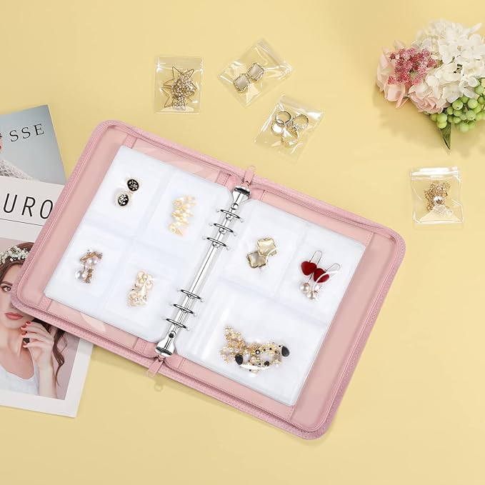 Jewelry Travel Organizer Case, PU Leather Portable Jewelry Storage Book with Transparent Pockets Zipper Bag for Necklaces, Earrings, Bracelets(48 Grids+48 Thicken PVC Bags), Rose Gold
