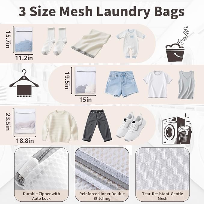 Laundry Bag Backpack with 3 Sizes Mesh Wash Bags and Shoulder Straps Foldable Clothes Hamper Bag with Drawstring Closure for College, Apartment, Laundromat (Grey)