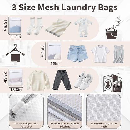 Laundry Bag Backpack with 3 Sizes Mesh Wash Bags and Shoulder Straps Foldable Clothes Hamper Bag with Drawstring Closure for College, Apartment, Laundromat (Grey)