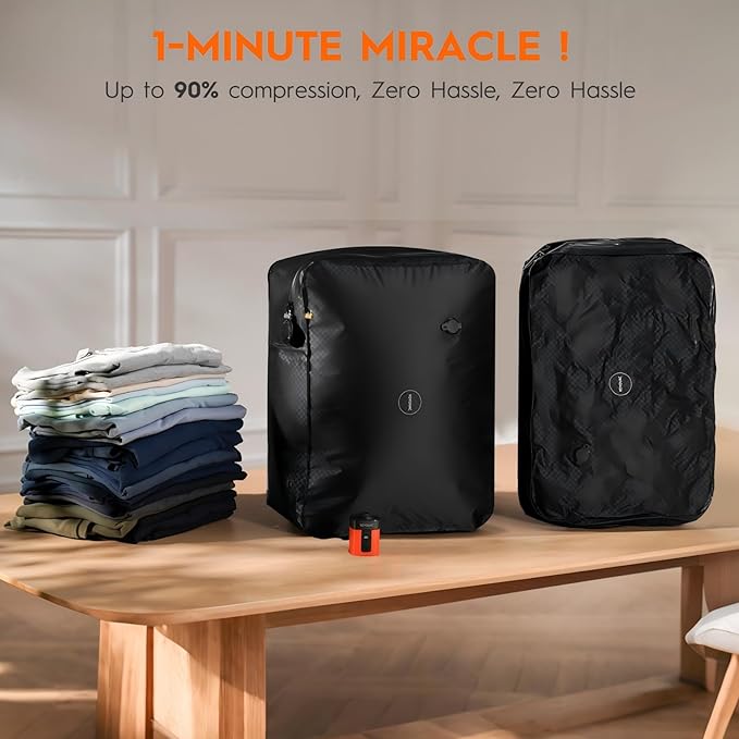 Vacuum Suitcases Compression Bags with Wireless Pump & iOS Tracker– Vacuum Bags for Travel Luggage, No Checked Baggage, Triple Your Luggage Space, IP68, Reusable, Fits 20/24/28 Inch Suitcase