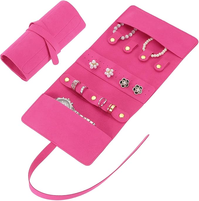 uxcell Travel Jewelry Bag Roll, Foldable Jewelry Travel Organizer with Tie Close Microfiber Jewelry Storage Roll Jewelry Case for Women Gift Necklaces Earrings Rings Bracelets, Rose Red