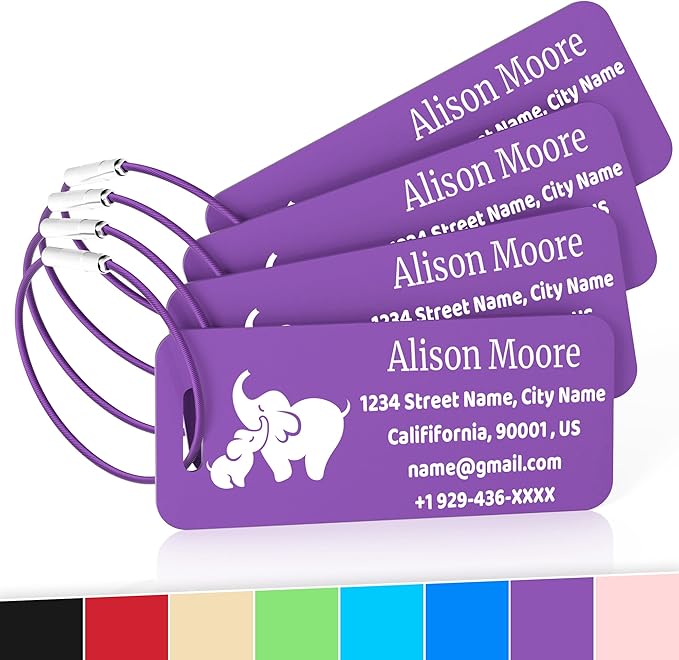 4 PCS Personalized Luggage Tags for Suitcases, Custom Aluminum Luggage Tags for Bags and Backpacks, Waterproof & Heavy Duty Personalized Metal Name Tags for Travel (Purple)
