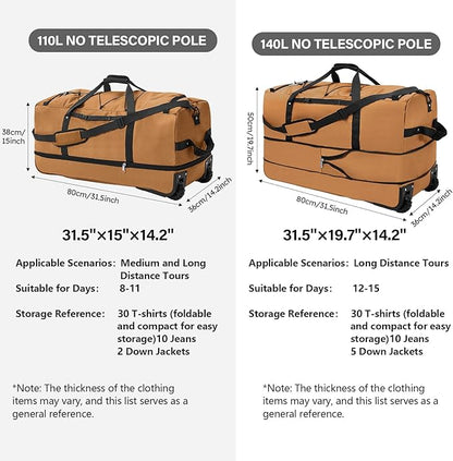 Vomgomfom 32" Soft-Sided Foldable Wheeled Travel Duffel Bag,Expandable 110L to 140L Rolling Cargo Bag with 2 Wheels and Multiple Pockets,Brown