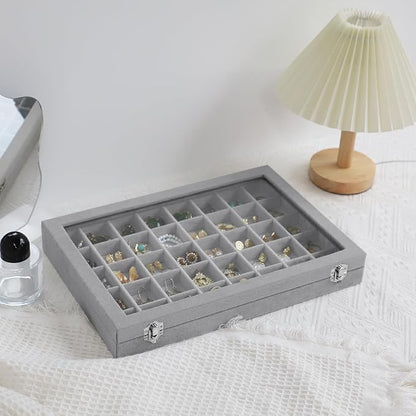 Stratalife Jewelry Organizer 40 Grid Jewelry Tray with Lid Dust-proof Velvet Earring Organizer Ring Holder Necklaces Earrings Storage Drawer Accessories Box for Women Gray