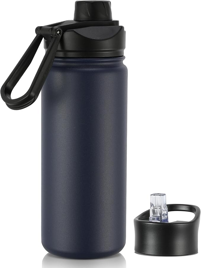 16 oz Insulated Water Bottle with Straw Lids, Stainless Steel Kids Water Bottles for School, Double Wall Vacuum Metal Water Bottle with Straw & Wide Mouth Lid, Navy 1 Pack