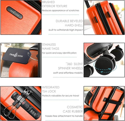 20 Inch Carry On Luggage 22x14x9 Airline Approved, Carry On Suitcase with Wheels, Hard-shell Carry-on Luggage, Durable Luggage Carry-On, Orange Small Suitcase with Cosmetic Bag