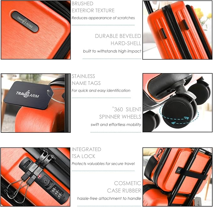 TRAVELARIM 22 Inch Carry On Luggage 22x14x9 Airline Approved, Small Carry On Suitcase, Hard-shell Carry-on Luggage with Wheels, Durable Orange Luggage Carry-On with Cosmetic Case and Luggage Scale