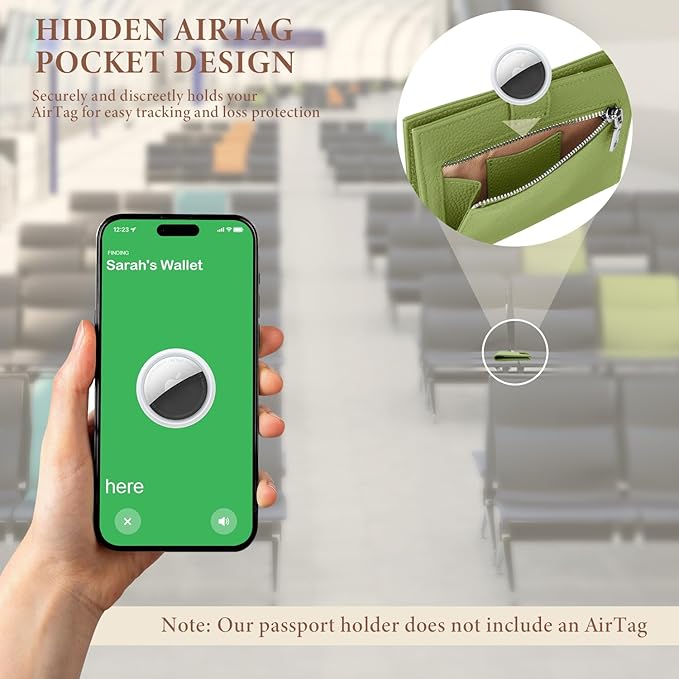 Genuine Leather Passport Holder for Women Men, Hidden Airtag Pocket, RFID Blocking, Zippered Coins Pocket & Cash Compartment Travel Gifts Essentials Passport Cover Case - Green