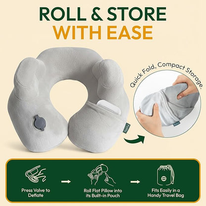 Adjustable Memory Foam Sides Inflatable Travel Neck Pillow | Super Soft, Compact & Portable Neck Support Pillow (Light Gray, Standard)