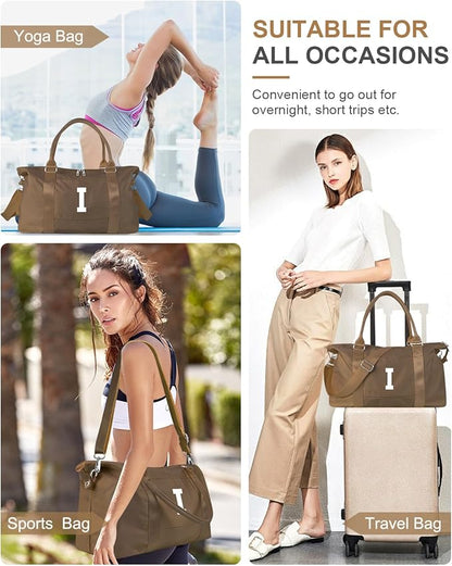 Birthday Graduation Gifts for Daughter,Initial Travel Duffel Bag Sports Gym Bag for Girls Teen Kids Birthday Gifts,Personalized Weekender Bag Carry On Tote Bags Cute Overnight Bag for Women(Brown, I)