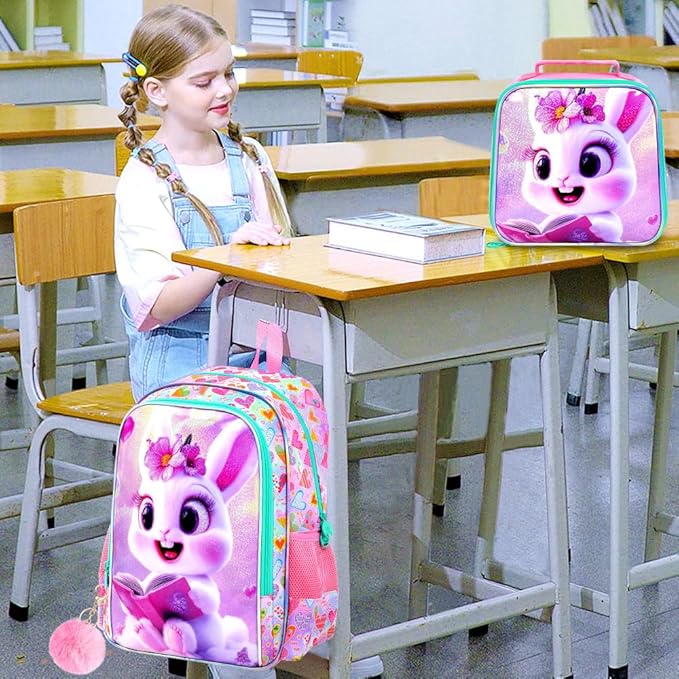 WZLVO 3PCS Rabbit Bookbag for Girls, 16" Glittery UV Printing Kids Backpack/School Bag with Lunch Box & Pencil Bag for Preschool to Elementary - Reading Rabbit Pink