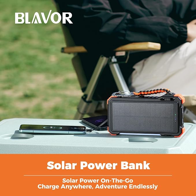 BLAVOR Solar Power Bank 20000mAh Built-in Cables, Wireless Charger for Apple Watch, 20W Fast Charging Battery Pack with USB C, Flashlight, Solar Charger for iPhone, iPad, iWatch, Samsung