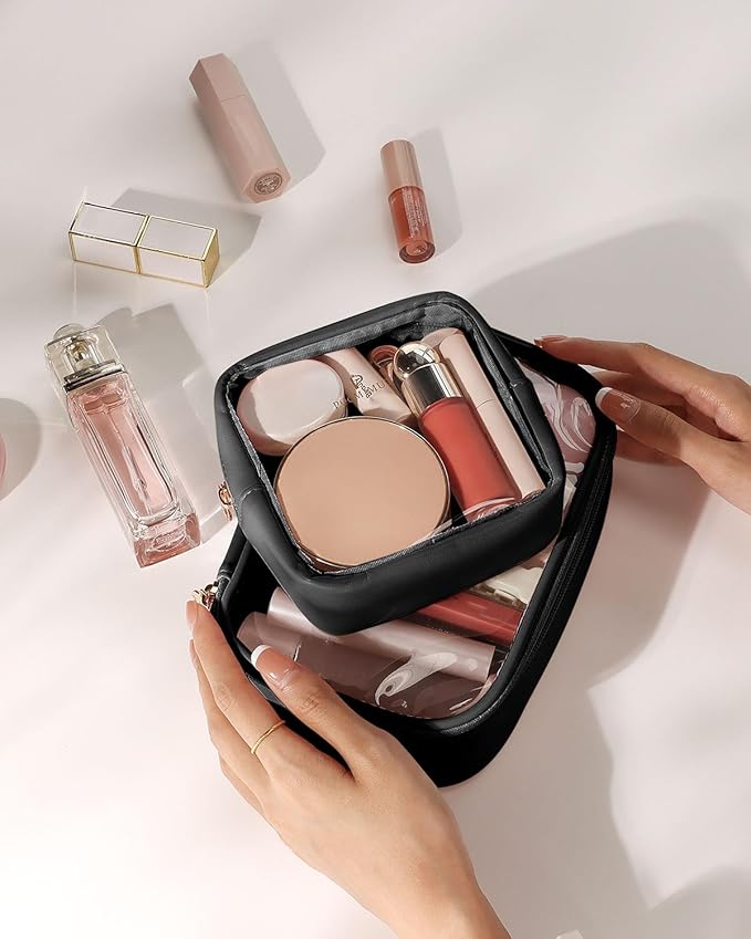 Pocmimut Mini Makeup Bag with Small Cosmetic Bag Travel Essentials Organizers,TSA Approved Toiletry Bag Makeup Pouch Clear Cosmetic Bags for Women Men,Black