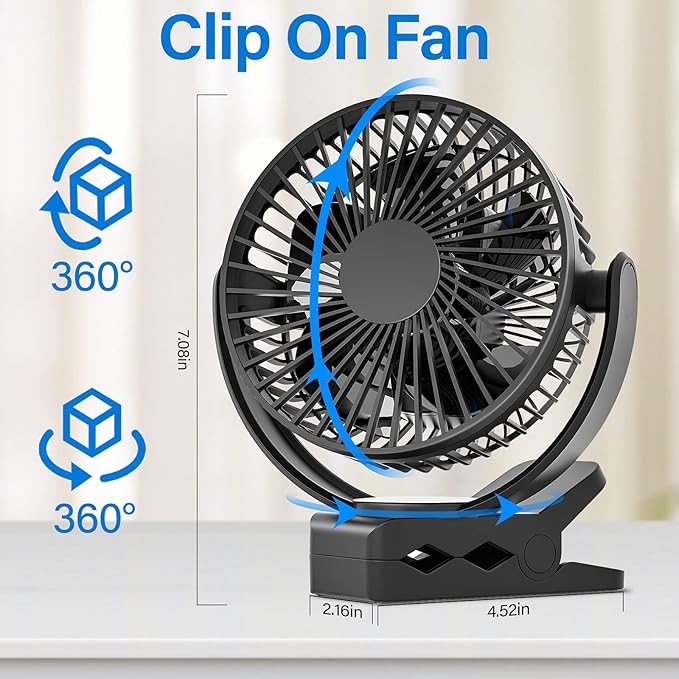 Portable Magnetic USB Clip on Fan - 6 Inch 5000mAh Rechargeable, 3 Speed, 720° Adjustable, Personal Desk Fan for Bedroom, Camping, Golf Cart, Office