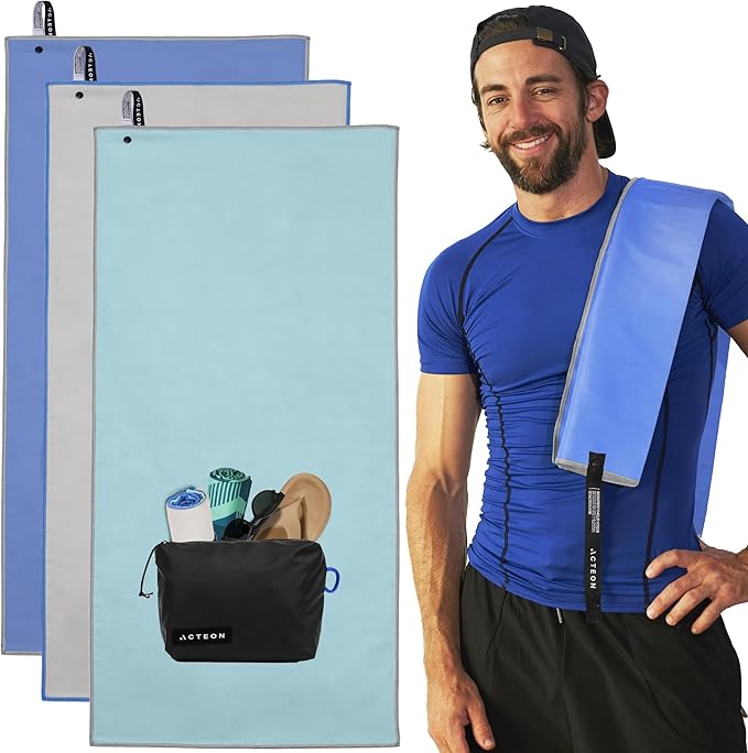 Acteon Microfiber Travel Towel & Wet Bag Set, Large Quick Dry Silver ION Odor-Free Mega Absorbent Fiber, Fast Drying Men & Women for Body Sweat, Beach, Pool, Camping, Gym