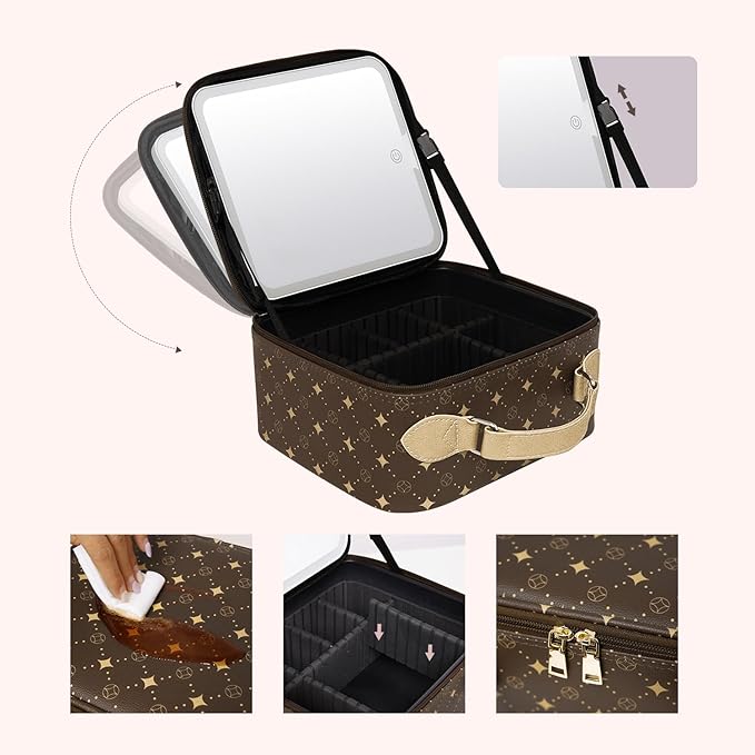 Travel Makeup Bag With 360° rotating LED Mirror,Waterproof cosmetic organizer,Portability Cosmetic case,Makeup organizer,Gift for Women,Girls Gift (Brown)