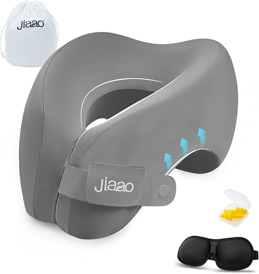 jiaao Neck Pillow Airplane, Memory Foam Travel Neck Pillows for Long Flight, 3D Eye Masks, Ear Plugs and Portable Drawstring Bag, Napping Pillow for Home, Road Trips, Sleep Rest and Travel Use