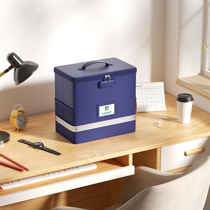 Fireproof File Box with Lock, Document Box Storage Organizer, Suitable for Hanging File Folders in Letter Size, Collapsible File Box, Reflective Strip for Fast Find (12.2"*6"*10.2, Blue)